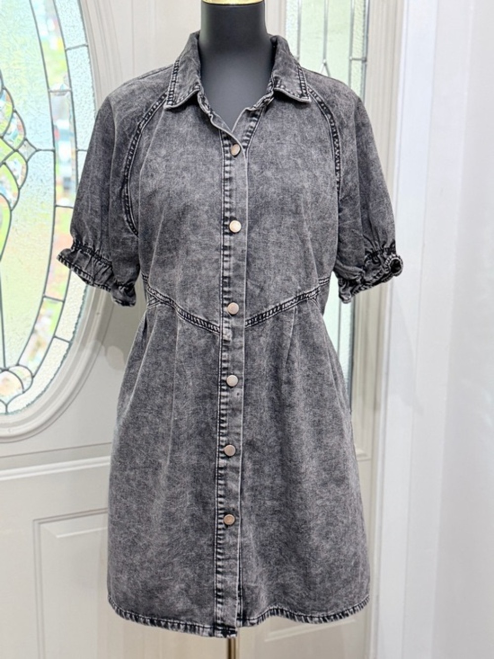 Washed Black Button-Front Short Sleeve Dress